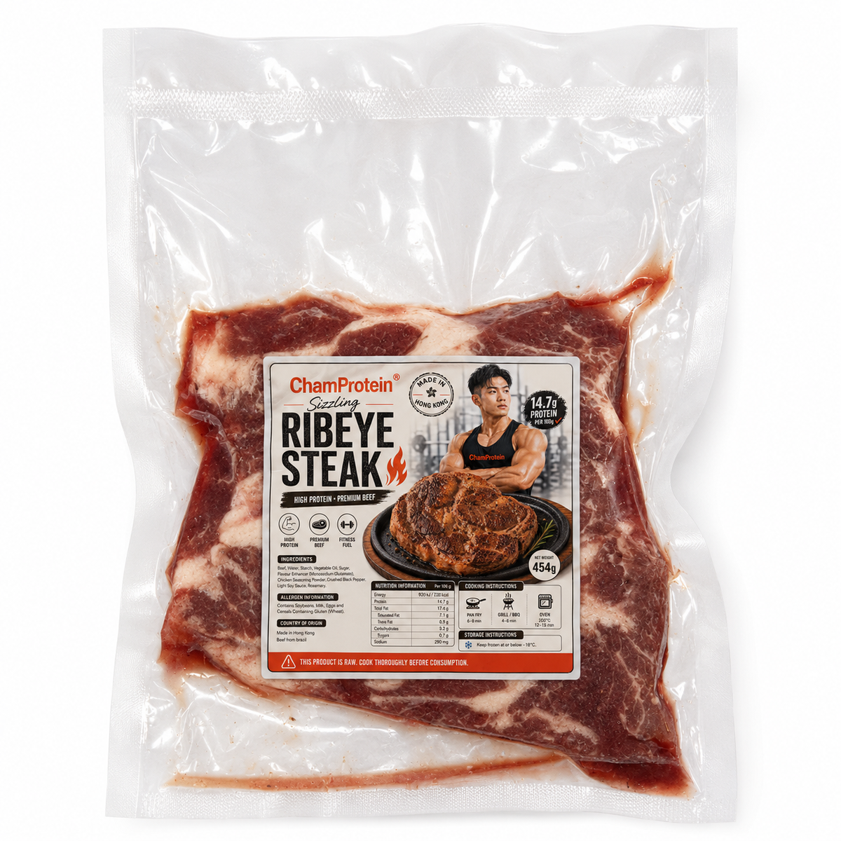 ChamProtein® Ribeye Steak 高蛋白鐵板風格肉眼牛扒 454g|每100g 14.7g蛋白質|巴西牛肉|香港製造|健身高蛋白牛扒