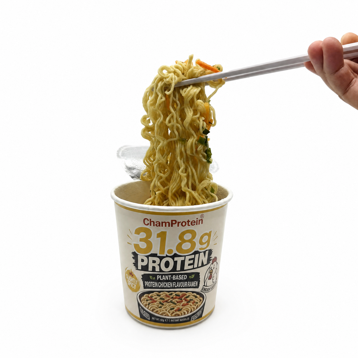 ChamProtein® 31.8g Protein 高蛋白雞湯味杯麵 62g｜每杯31.8g蛋白質｜223kcal｜植物基微辣健身即食麵